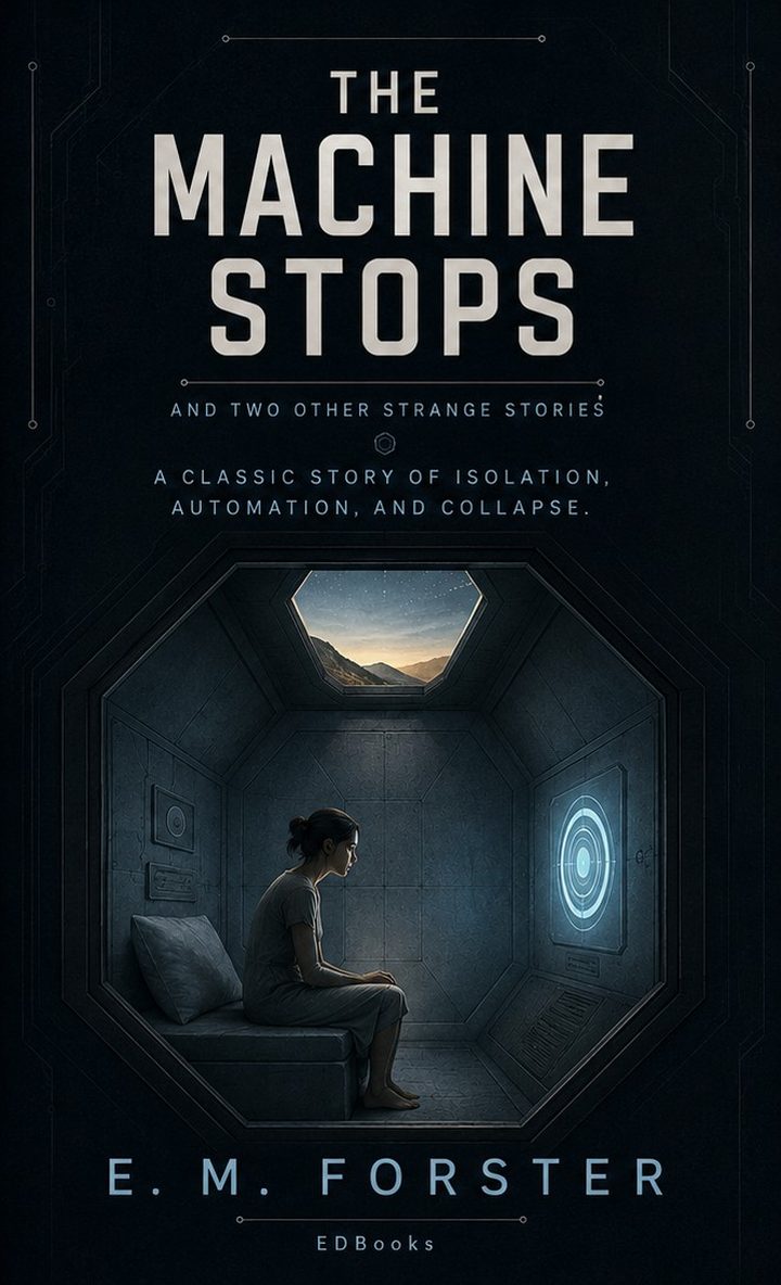 Cover of the EDBooks edition of The Machine Stops and Two Other Strange Stories by E. M. Forster: a woman sits alone on a bench inside a dark octagonal machine cell, a glowing circular interface on the wall beside her and a hexagonal window above showing mountains and open sky.