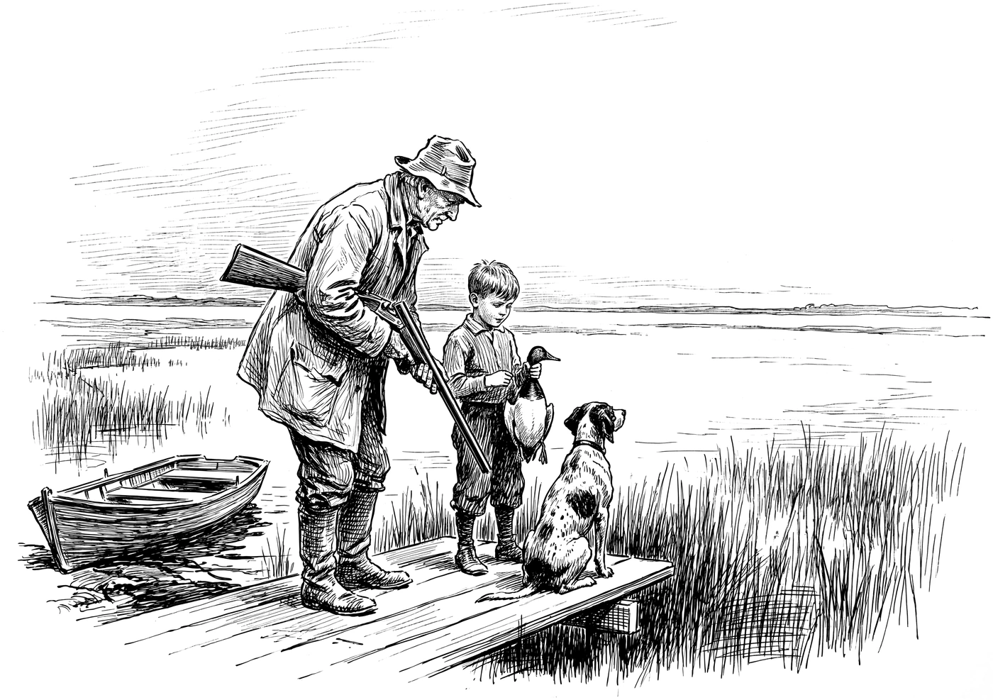 A pen drawing: an old man in a soft hat with a shotgun over his shoulder stands on a plank landing looking down at a boy who holds up a duck, a pointer sitting beside them, marsh and flat water behind.