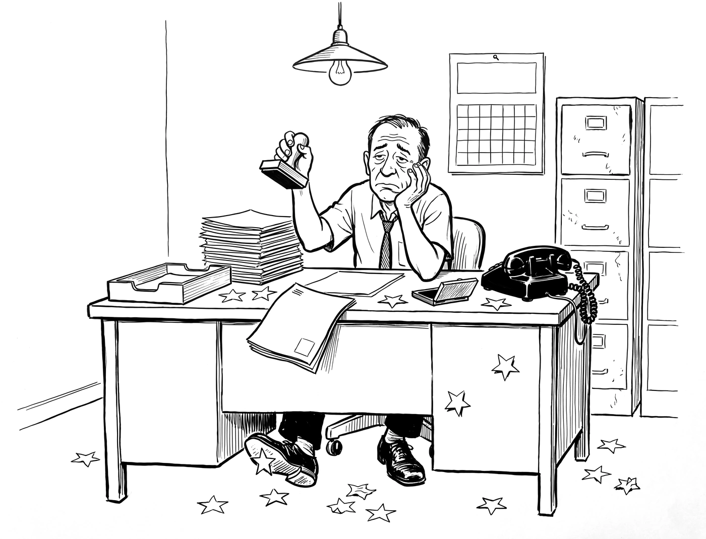 A pen cartoon: a bored civil servant at a steel desk raises a rubber stamp over a pile of magazines, paper stars scattered across the desk and floor, one stuck to his shoe.