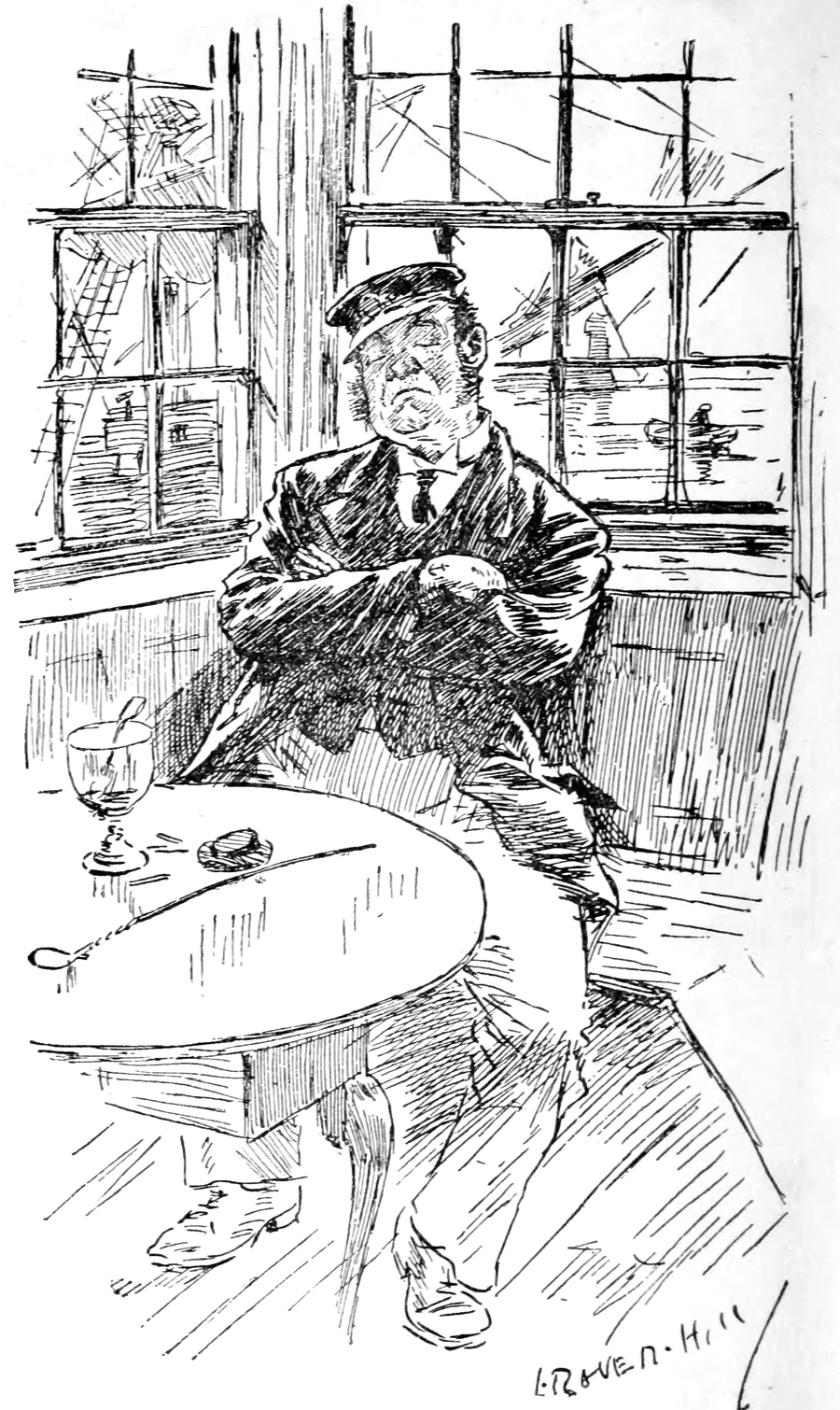 A full-page pen drawing: a sea captain in a peaked cap sits slumped and scowling at a table by a window, arms folded, while rain streaks the glass behind him.