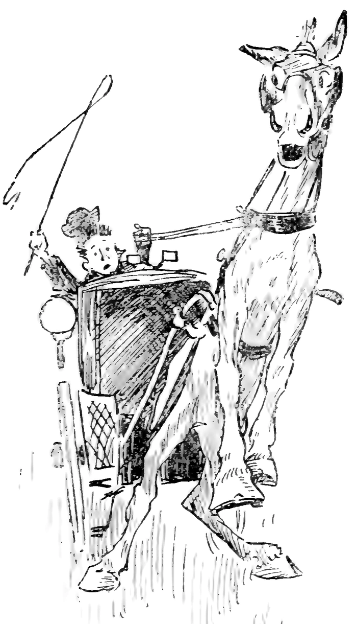 A pen drawing of a startled horse rearing in front of a dog-cart while a driver hauls on the reins.