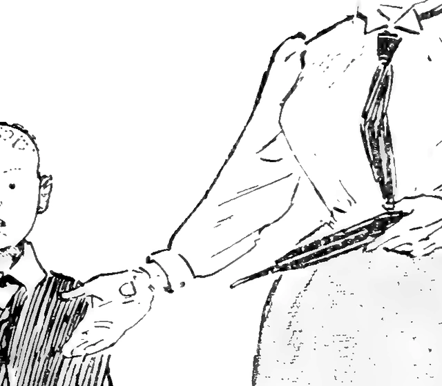 A detail from a pen drawing: a woman in a long dress stands holding a furled umbrella.