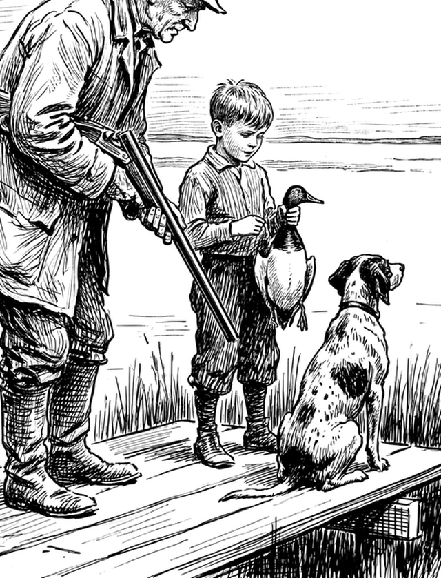 A detail from a pen drawing: a boy holding up a duck, and a pointer sitting at his heel.