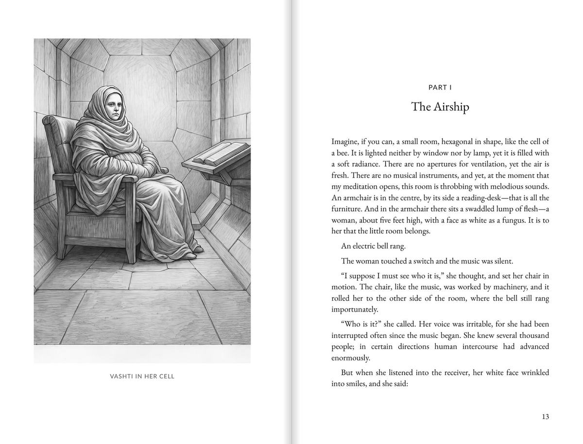 A spread from The Machine Stops: a full-page illustration of Vashti in her hexagonal cell facing the opening page of Part I, The Airship.