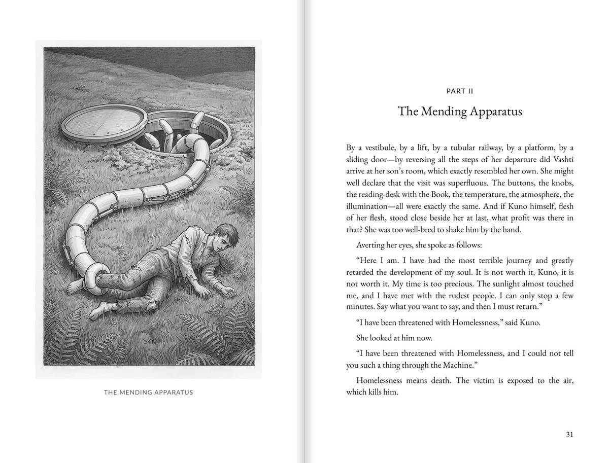 A spread from The Machine Stops showing the Mending Apparatus illustration beside the opening of Part II.