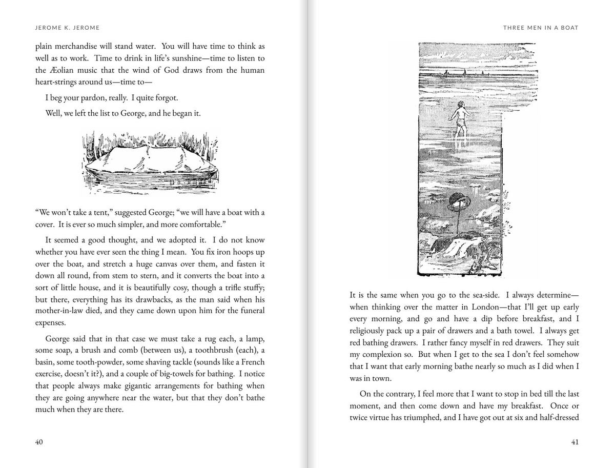 A spread from Three Men in a Boat with two of A. Frederics' 1889 drawings set into the text.