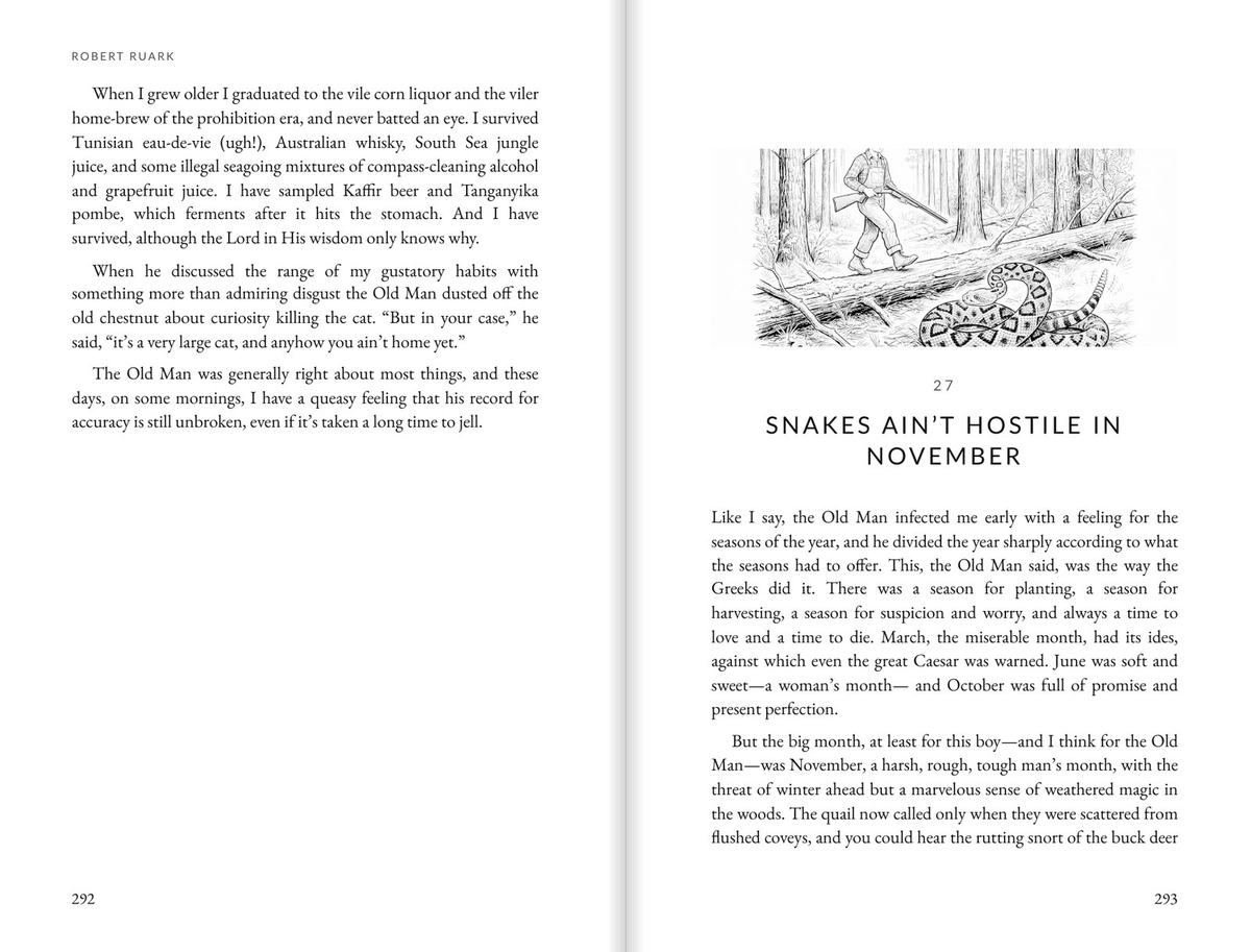 A spread from The Old Man's Boy Grows Older opening the chapter Snakes Ain't Hostile in November, with a drawing of a boy on a fallen log and a coiled rattlesnake.