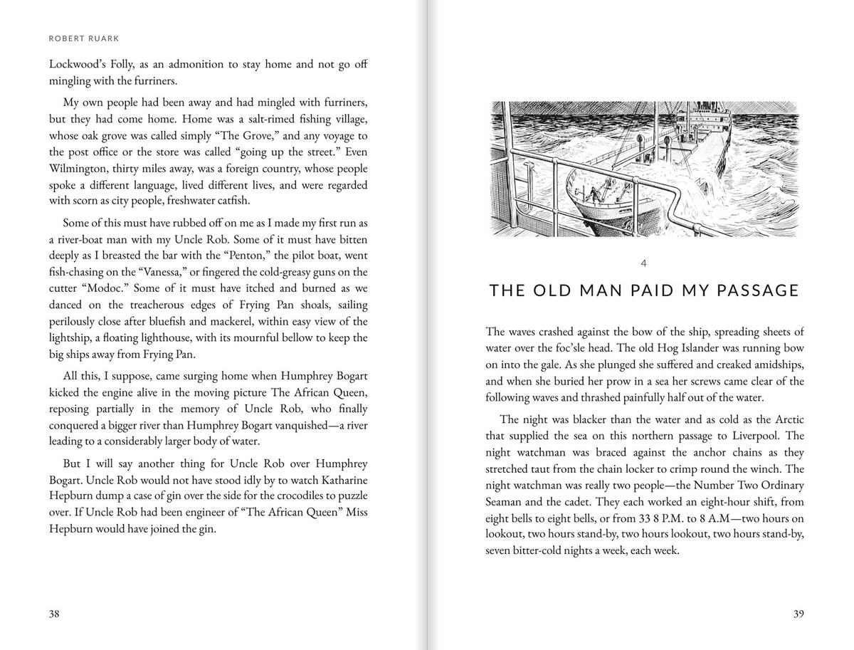 A spread from The Old Man's Boy Grows Older opening the chapter The Old Man Paid My Passage, with a drawing of a freighter in a gale.